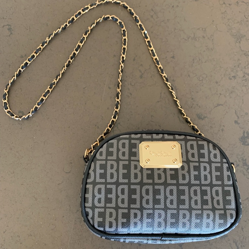Bebe Monogram Black and Gold Crossbody Bag